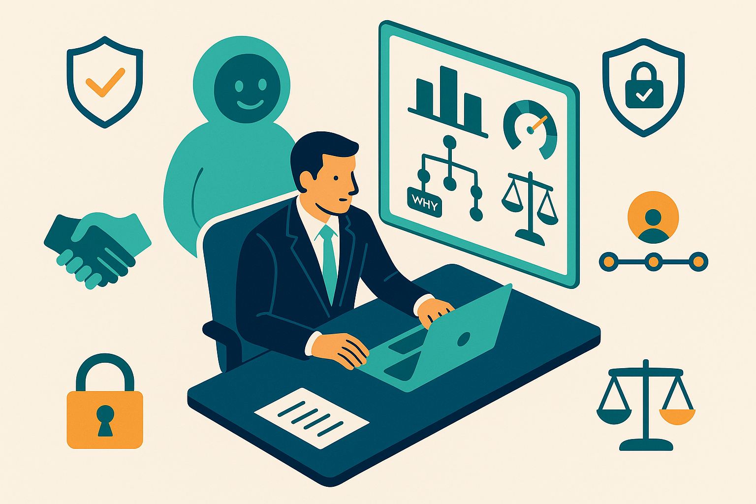Executives reviewing analytics with AI assistant